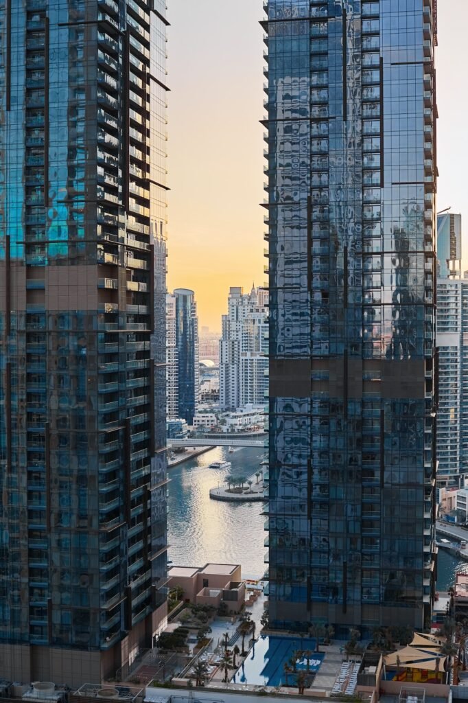 Beautiful view of the architecture of the glass skyscraper against