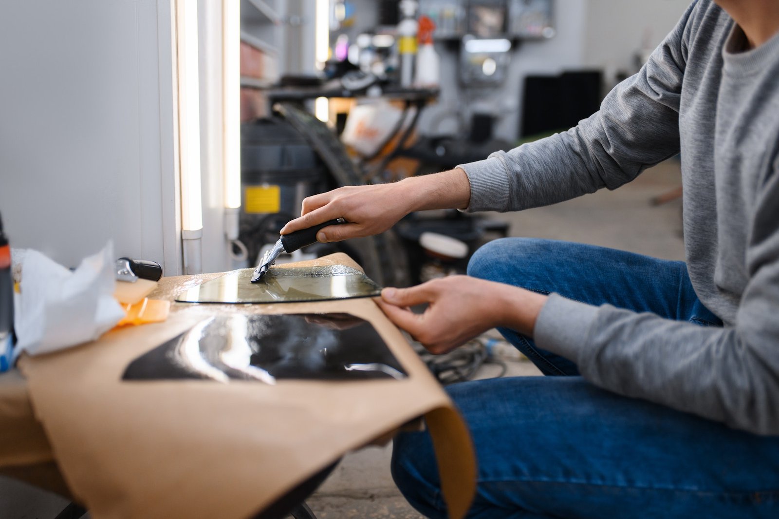 Male worker prepares sheet of car tinting